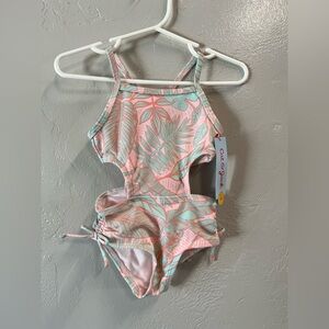 Cat & Jack Girl’s Pink One-Piece Swimsuit Green Leaf Print Size 12 Months